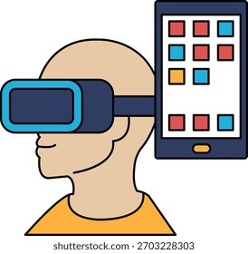 Ein Mann, der ein Virtual-Reality-Headset trägt, hält ein Handy. Konzept der Technologie und der Verschmelzung virtueller und realer Welten