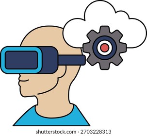 A man wearing a virtual reality headset is looking up at a cloud. The cloud is surrounded by a gear, which is a symbol of technology. Concept of using technology to explore