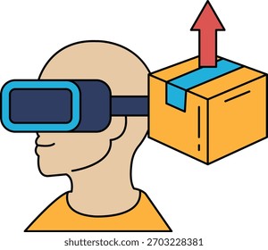 Ein Mann mit einem Virtual-Reality-Headset hält eine Kiste. Die Box befindet sich auf einer Box, und die Boxen sind übereinander gestapelt