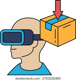Um homem usando um fone de ouvido de realidade virtual está olhando para uma caixa que está sendo puxada para baixo. Conceito de tecnologia e o futuro, assim como a expectativa e entusiasmo de receber um pacote