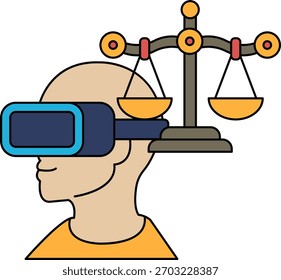 Ein Mann, der ein Virtual-Reality-Headset trägt, steht vor einer Waage. Die Skala ist ausgewogen, wobei eine Seite etwas höher als die andere ist. Der Ausdruck des Mannes ist ernst und konzentriert