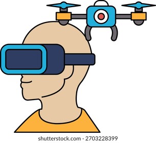 Un hombre con auriculares de realidad virtual sostiene un dron. Concepto de la tecnología y el futuro del entretenimiento