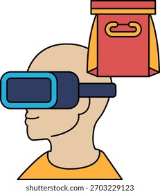 A man wearing a virtual reality headset is holding a bag. Concept of technology and the future