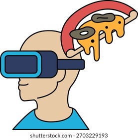 Un hombre con auriculares de realidad virtual sostiene una rebanada de pizza. La pizza está cubierta de salsa y queso, y se está derritiendo. Concepto de diversión y emoción