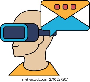 A man wearing a virtual reality headset is looking at a computer screen with a message on it. The message is a text message