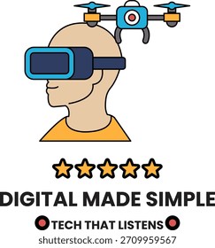 Ein Mann, der ein Virtual-Reality-Headset trägt. Das Bild trägt den Titel Digital Made Simple. Der Mann trägt ein blau-schwarzes Headset