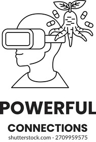 Ein Mann, der ein Virtual-Reality-Headset mit einer Pflanze auf dem Kopf trägt. Das Bild trägt den Titel "Leistungsstarke Verbindungen".