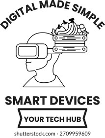 Ein Mann, der ein Virtual-Reality-Headset trägt, hält ein Buch. Das Bild trägt den Titel "Digital Made Simple: Intelligente Geräte"