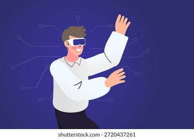 Man wearing virtual reality headset touching invisible screen with digital circuit background. Flat vector illustration for metaverse technology, vr gaming experience and cyberspace simulation.
