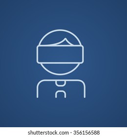 Man wearing virtual reality headset line icon for web, mobile and infographics. Vector light blue icon isolated on blue background.