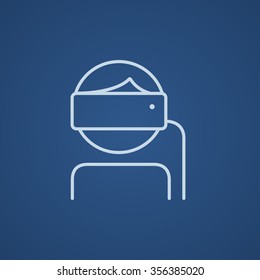 Man wearing virtual reality headset line icon for web, mobile and infographics. Vector light blue icon isolated on blue background.