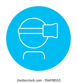 Man wearing virtual reality headset line icon for web, mobile and infographics. Vector white icon on the light blue circle isolated on white background.