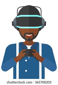 Man wearing virtual reality headset.