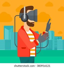 Man wearing virtual reality headset.