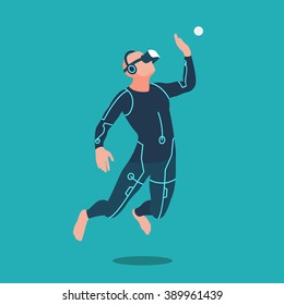 Man wearing virtual reality headset. Vector flat design illustration