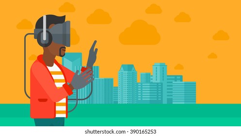 Man wearing virtual reality headset.