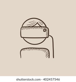 Man wearing virtual reality headset sketch icon.