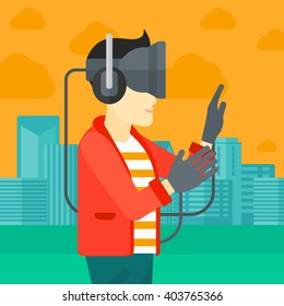 Man wearing virtual reality headset.