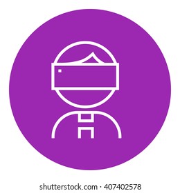 Man wearing virtual reality headset line icon.
