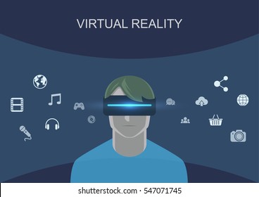 Man Wearing Virtual Reality Headset with Application Icons