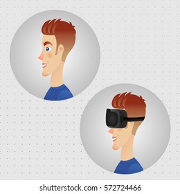 Man wearing virtual reality headset. Side view. Vector illustration.