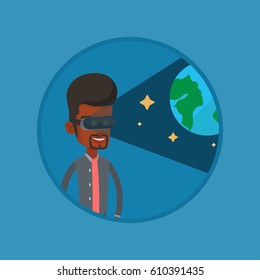 Man wearing virtual reality headset and looking at open space with earth model and stars. Man in vr headset playing videogame. Vector flat design illustration in the circle isolated on background.
