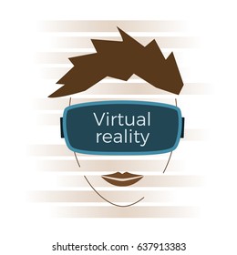 Man wearing virtual reality headset avatar icon. VR/AR vector illustration in flat design. Head-mounted display, augmented reality gadget. Cyber innovation concept.