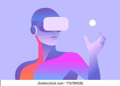 Man wearing virtual reality headset and looking at abstract sphere. Colorful vr world. Vector illustration