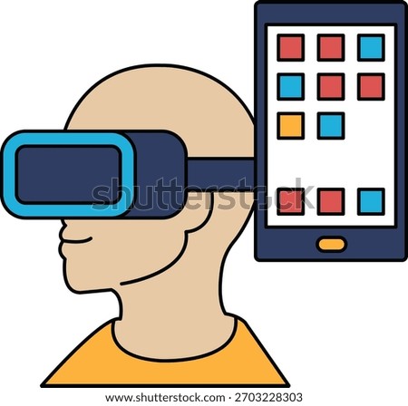 A man wearing a virtual reality headset is holding a cell phone. Concept of technology and the merging of virtual and real worlds