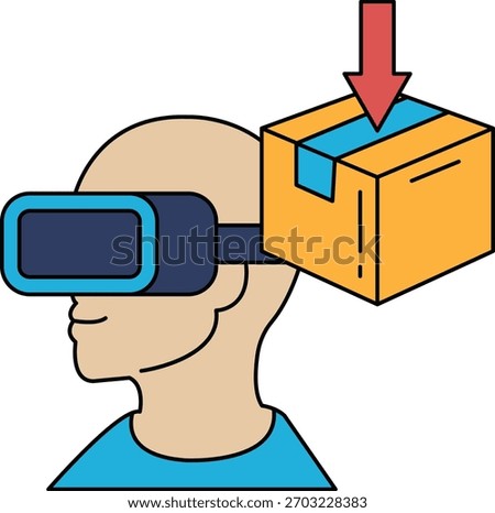 A man wearing a virtual reality headset is looking at a box that is being pulled down. Concept of technology and the future, as well as the excitement and anticipation of receiving a package