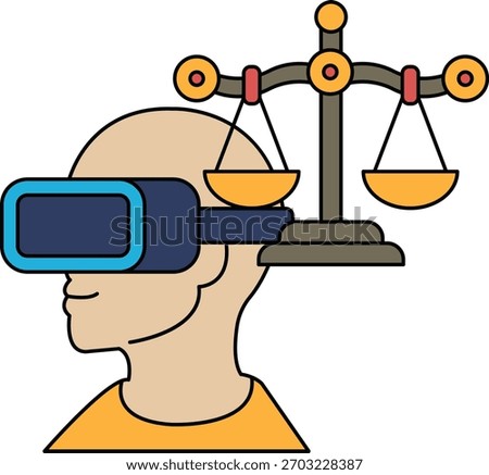A man wearing a virtual reality headset is standing in front of a scale. The scale is balanced, with one side slightly higher than the other. The man's expression is serious and focused