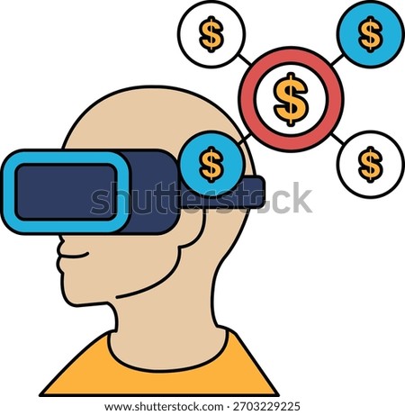 A man wearing a virtual reality headset with a dollar sign on his head. The dollar sign is surrounded by other dollar signs, creating a sense of wealth and abundance