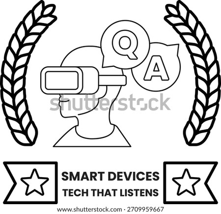 A man wearing a virtual reality headset is shown with a question mark and an A. The image is titled Smart Devices Tech That Listens