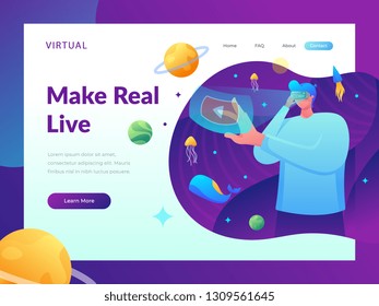 a man wearing virtual reality ( vr ) glasses watching augmented reality flat illustration style for web design homepage landing page. 
