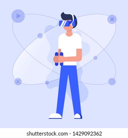 Man wearing virtual relaity headset. Gamer in virtual reality headset playing virtual video games. VR helmet, gamepad. video and mobile gaming. Virtual reality for education and games