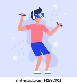 Man wearing virtual relaity headset. Gamer in virtual reality headset playing virtual video games. VR helmet, gamepad. video and mobile gaming. Virtual reality for education and games