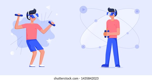 Man wearing virtual relaity headset. Gamer in virtual reality headset playing virtual video games. VR helmet, gamepad. video and mobile gaming. Virtual reality for education and games