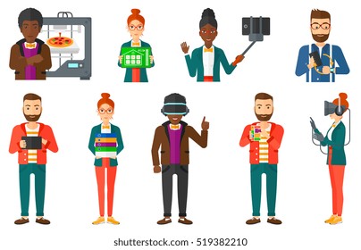 Man wearing virtual relaity headset. Gamer in virtual reality headset playing virtual video games. Man wearing gamer gloves. Set of vector flat design illustrations isolated on white background.