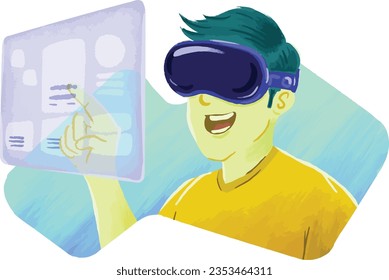 Man wearing virtual world headset Illustration