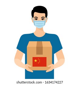 Man wearing virus protective mask holding package from china