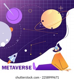 Hombre usando VR y experimentando simulación de realidad virtual, en su propio universo virtual personalizado con planetas, naves espaciales y espacio. Vector.