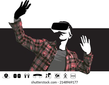 Man wearing VR glasses, hands up, come out from the screen, Future technology concept.