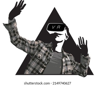 Man wearing VR glasses, hands up, come out from the screen, Future technology concept.
