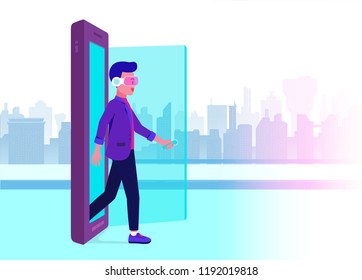 Man wearing VR glasses opening door and walking out of mobile into future world. Illustration about communications technology.