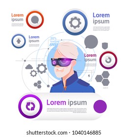 Man Wearing Vr Glasses Over Set Of Template Infographic Elements Virtual Reality Concept Flat Vector Illustration