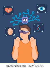 Man wearing VR glasses vector illustration. Use of artificial intelligence in health care, science, identification spheres, neural network connection. AI tecnology, virtual reality concept