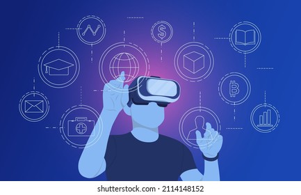 Man Wearing VR Glasses Virtual Global Internet Connection Metaverse With A New Experience In Metaverse Virtual World. Metaverse Technology Concept Innovation Of Futuristic.Vector Illustration.