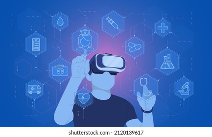 Man wearing VR glasses virtual Global Internet connection metaverse with a new experience in metaverse virtual world. Digital health, innovative healthcare and technology. Vector illustration.