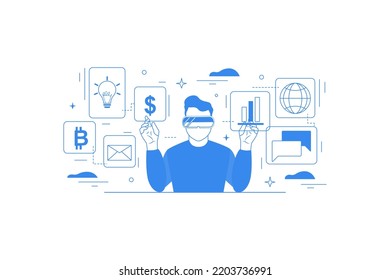 Man Wearing VR Glasses Virtual Global Internet Connection Metaverse With A New Experience In Metaverse Virtual World. Metaverse Technology Concept Innovation Of Futuristic.Vector Illustration.