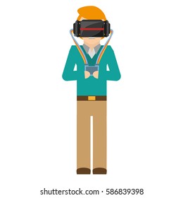 man wearing vr goggles with control vector illustration eps 10